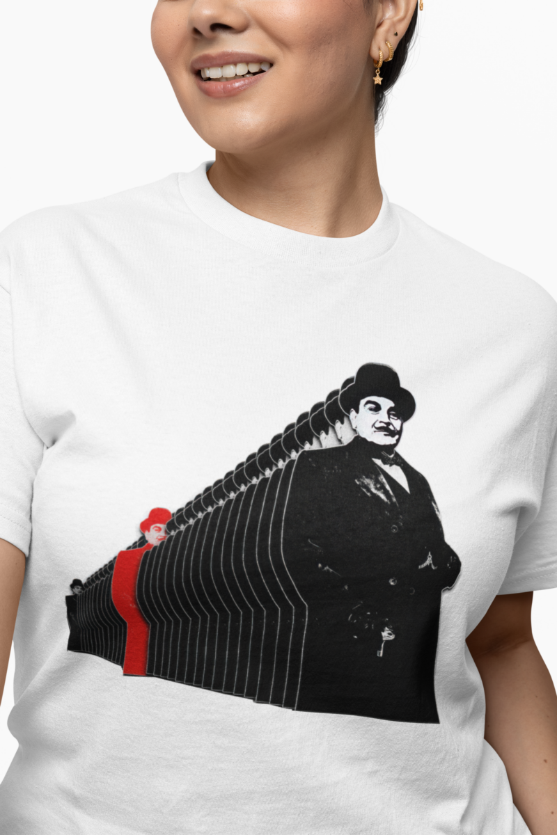 Made from high-quality, softstyle fabric, this t-shirt offers comfort and style in equal measure. It features a captivating design that captures the essence of Hercule Poirot's charm and intelligence.